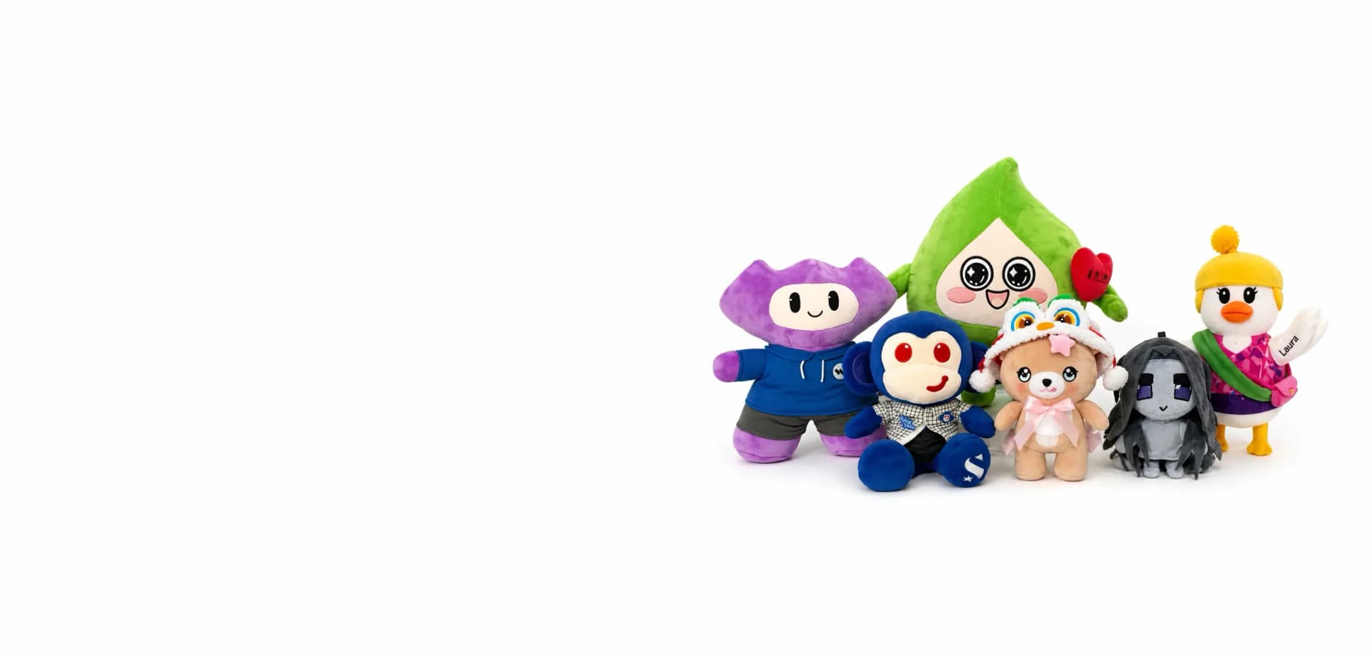 Character plush from six recent orders lined up together in our studio