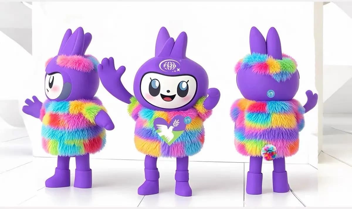 Three rainbow-furred rabbit mascots from one production run